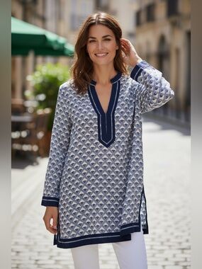 CYNTHIA ROWLEY Navy White Cotton Tunic Top XL Ribbon Trim Swim Cover Up Coastal